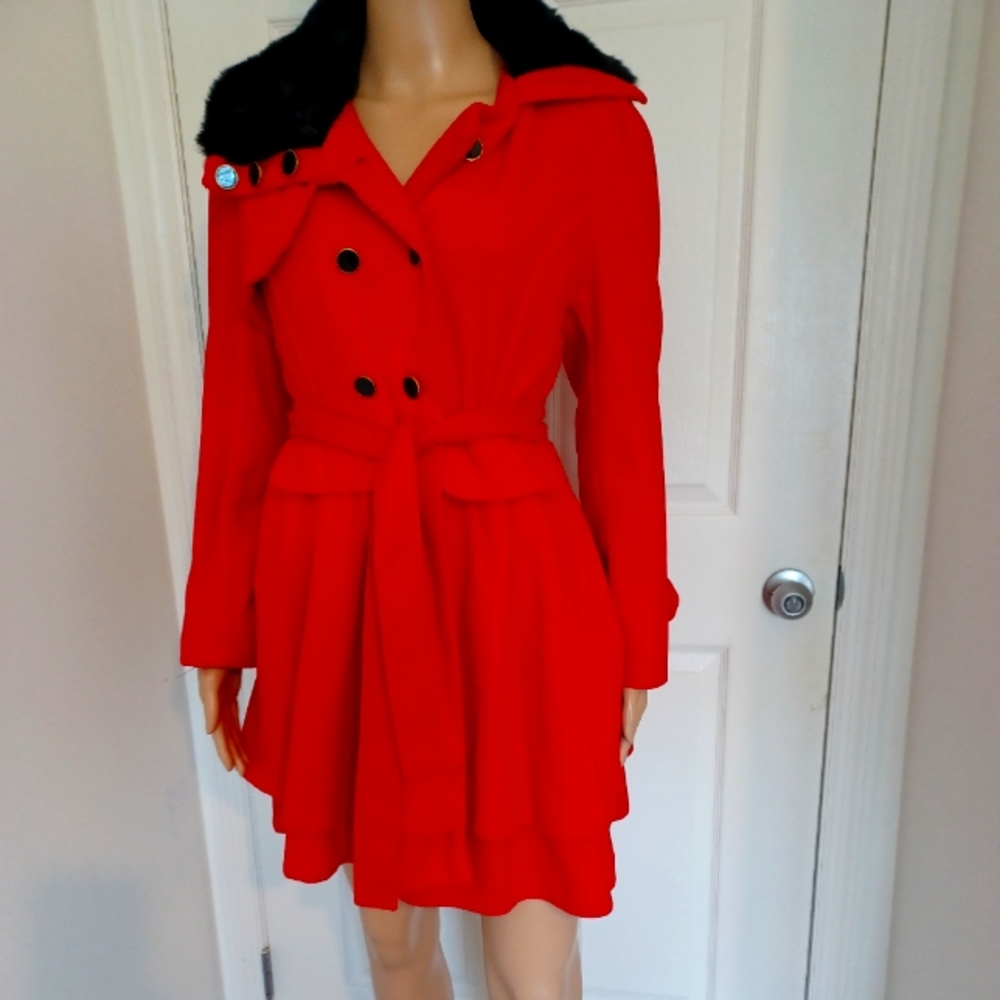 Women's Double Breasted Red Pea Mid Long Trench Coat With Belt tweed Woollen